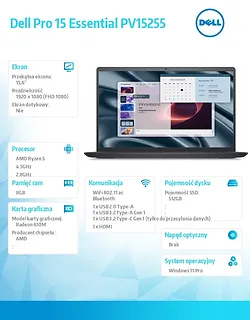 Laptop Dell Pro 15 Essential PV15255 W11P R5-7520U|8GB|512GB|AMD Radeon 610M|FgrPr|WLAN+BT|15.6 FHD|BcklKb|3C|65W|3YPS Carbon Black (Plastic)