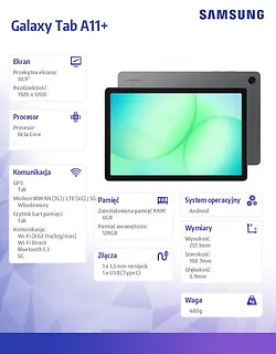 Samsung Tablet Galaxy Tab A11+ X236 10.9 cala  5G 6/128GB Szary Enterprise Edition