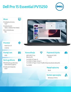 Laptop Dell Pro 15 Essential PV15250 W11P i3-1305U|8GB|512GB|Intel UHD|FgrPr|WLAN+BT|15.6 FHD|BcklKb|3C|65W|3YPS Carbon Black (Plastic)
