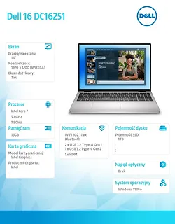 Laptop Dell 16 DC16251 W11P C7-150U|16GB|1TB|Intel Graphics|FgrPr.|WLAN + BT|16.0 16.10 2K Touch|BcklKb|4C|65W|3YPS Platinum Silver