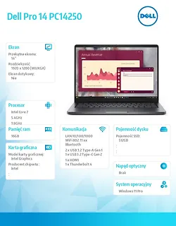Laptop Dell Pro 14 PC14250 W11P C7 150U/16GB/512GB/FgrPr/FHD IR Cam&Mic/WLAN+BT|14.0 FHD+|BcklKb/3C/65W/3YPS Magnetite color, textured finish
