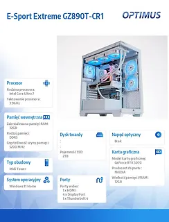 OPTIMUS Komputer E-Sport Extreme GZ890T-CR1 Core Ultra 7K/32GB/2TB/RTX 5070 OC/Biały