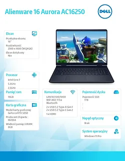 Dell Notebook Alienware 16 Aurora AC16250 Win 11 Pro C7 240H/16GB/1TB         16.0 WQXGA/GeForce RTX 5050 Kb/6 Cell/3Y Alienware Care