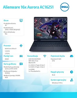 Dell Laptop Alienware 16x Aurora AC16251 Win11Pro C9 275HX/64GB/4TB SSD/16.0 WQXGA/GeForce RTX 5070/WLAN + BT/RGB Backlit Kb/6 Cell/280W