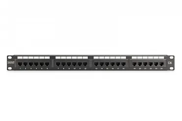Digitus Panel krosowy (patch panel) 19'' 24x RJ45, LSA pion, kat.6, nieekranowany, 1U, prowadnica kabli, pola opisowe, Czarny