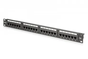 Digitus Panel krosowy (patch panel) 19'' 24x RJ45, LSA pion, kat.6, nieekranowany, 1U, prowadnica kabli, pola opisowe, Czarny