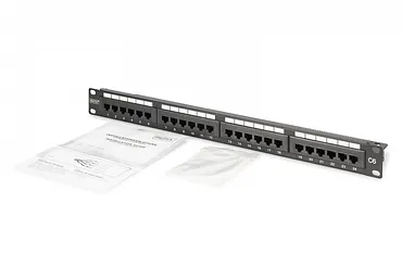 Digitus Panel krosowy (patch panel) 19'' 24x RJ45, LSA pion, kat.6, nieekranowany, 1U, prowadnica kabli, pola opisowe, Czarny