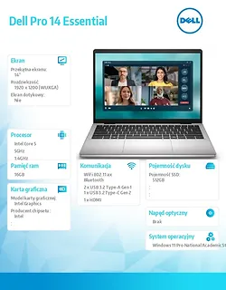 Laptop Dell Pro 14 Essential PV14250 W11P EDU C5 120U/16GB/512GB/Intel Graph/FgrPr/WLAN+BT/14.0/BcklKb/4C/65W/5YRS Alu Platinum Silver (Metal)