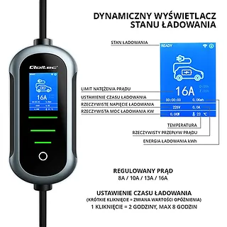 Qoltec Mobilna ładowarka do samochodu elektrycznego EV z regulacją 2w1  Typ2 | 3.5kW | 230V | Wi-Fi | TUYA | SMART LIFE | LCD | 5m