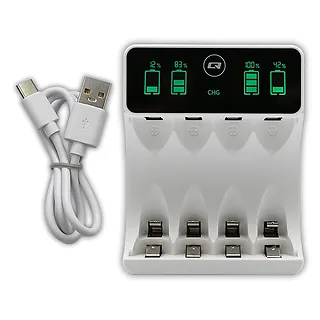 Qoltec Ładowarka do akumulatorków Ni-MH typu R03 AAA R6 AA | LCD | kabelUSB-C | Biała