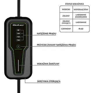 Qoltec Mobilna ładowarka do samochodu elektrycznego EV z regulacją 2w1  Typ2 | 3.5kW | 230V | LCD | Przenośna |4m