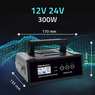 Qoltec Mikroprocesorowa ładowarka 12V 24V 25A | Prostownik z funkcją naprawy do akumulatora AGM GEL SLA | LCD