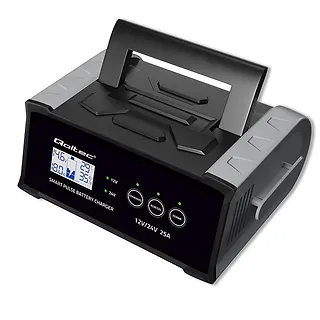 Qoltec Mikroprocesorowa ładowarka 12V 24V 25A | Prostownik z funkcją naprawy do akumulatora AGM GEL SLA | LCD