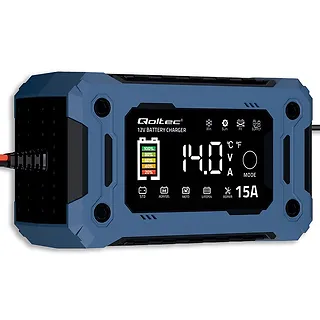 Qoltec Mikroprocesorowa ładowarka 12V 15A | Prostownik z funkcją naprawy i podtrzymania zasilania podczas wymiany akumulatora | do AGM GEL LiFePO4 |   LCD