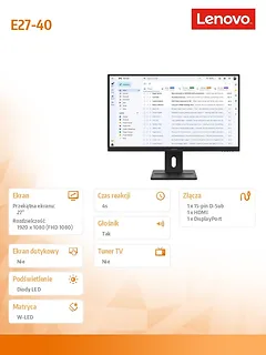Lenovo Monitor 27.0 ThinkVision E27-40 WLED LCD 64BCMAT4EU