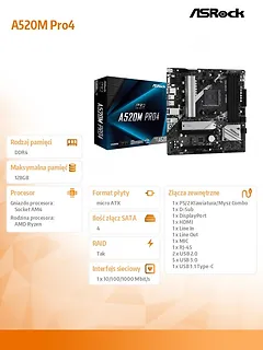 ASRock Płyta gł&oacute;wna A520M Pro4 AM4 4DDR4 HDMI/DP/VGA M.2 mATX