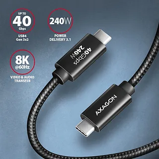 AXAGON BUCM4X-CM05AB Kabel USB-C - USB-C, USB4 Gen 3x2 0.5m, PD 240W, 8K HD, ALU, oplot Czarny