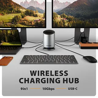 AXAGON HMC-WL9 Wieloportowy hub USB 9in1, 10Gbps, 3xUSB-A, 1xUSB-C, DP 8K/60Hz, HDMI 4K/60Hz, PD 100W, GLAN, 100cm USB-C kabel, wireless charging 15W