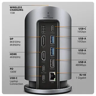 AXAGON HMC-WL9 Wieloportowy hub USB 9in1, 10Gbps, 3xUSB-A, 1xUSB-C, DP 8K/60Hz, HDMI 4K/60Hz, PD 100W, GLAN, 100cm USB-C kabel, wireless charging 15W