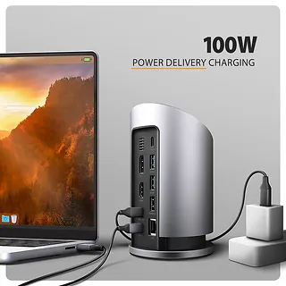 AXAGON HMC-WL9 Wieloportowy hub USB 9in1, 10Gbps, 3xUSB-A, 1xUSB-C, DP 8K/60Hz, HDMI 4K/60Hz, PD 100W, GLAN, 100cm USB-C kabel, wireless charging 15W