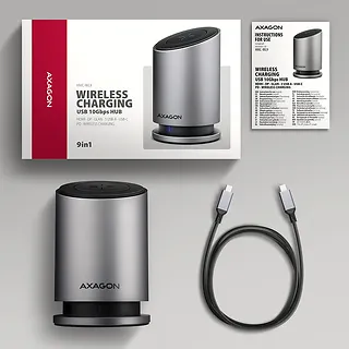 AXAGON HMC-WL9 Wieloportowy hub USB 9in1, 10Gbps, 3xUSB-A, 1xUSB-C, DP 8K/60Hz, HDMI 4K/60Hz, PD 100W, GLAN, 100cm USB-C kabel, wireless charging 15W