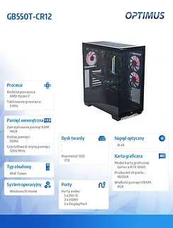 OPTIMUS Komputer E-Sport GB550T-CR12 R7-5800X/16GB/1TB/RTX 5060 OC 8GB/W11