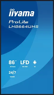 IIYAMA Monitor 86 cali LH8664UHS-B3AG 24/7,IPS,ANDROID 14,4K,2xHDMI,RJ45,    2xUSB,WiF,iUSB-C(DP-Alt),2x16W, iiSignage? (CMS), iiControl (DMS),iiShare,    ES