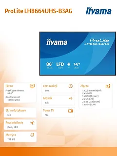 IIYAMA Monitor 86 cali LH8664UHS-B3AG 24/7,IPS,ANDROID 14,4K,2xHDMI,RJ45,    2xUSB,WiF,iUSB-C(DP-Alt),2x16W, iiSignage? (CMS), iiControl (DMS),iiShare,    ES