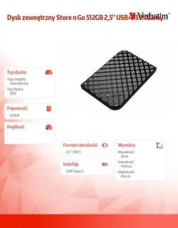 Verbatim Dysk zewnętrzny Store n Go 512GB 2,5'' USB-C 3.2 Czarny