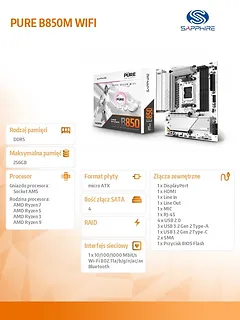 Sapphire Technology Płyta gł&oacute;wna PURE B850M WIFI AM5 4DDR5 mATX