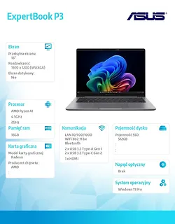 Asus Notebook ExpertBook P3 PM3606CKA-MB0197X - Ryzen AI 5 330/16GB/512GB/16 WUXGA/Win 11 PRO/3YRS