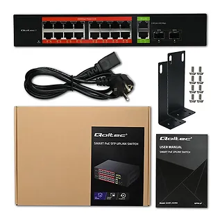 Qoltec Przełącznik sieciowy SWITCH Gigabit Ethernet PoE | 16x RJ45 | 2x RJ45 Uplink | 2x SFP | 1000 Mb/s