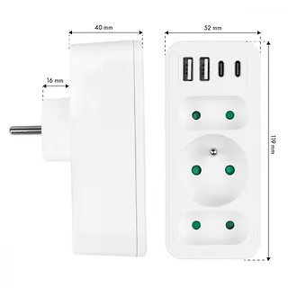 Maclean Rozdzielacz na 3 gniazda MCE248 F/W 2xUSB-A 2xUSB-C biały
