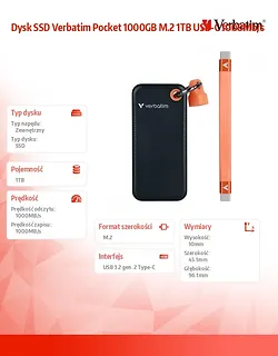 Dysk SSD Verbatim Pocket 1000GB M.2 1TB USB-C 1000Mb/s