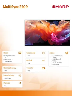 Sharp Monitor wielkoformatowy MultiSync E509 50 cali UHD 16/7 350cd/m2