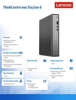 Lenovo Komputer ThinkCentre Neo 55q Tiny G6 13GN000WPB W11Pro 5 220/16GB/512GB/AMD Radeon/3YR OS + 1YR CI