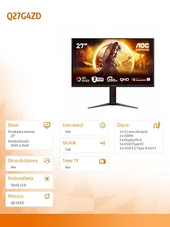 AOC Monitor Q27G4ZD 27'QD-OLED 240Hz HDMIx2 DP Pivot