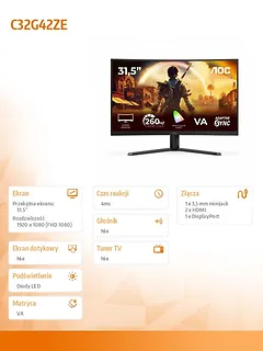 AOC Monitor C32G42ZE 31.5 cala VA Curved 240Hz HDMI DP