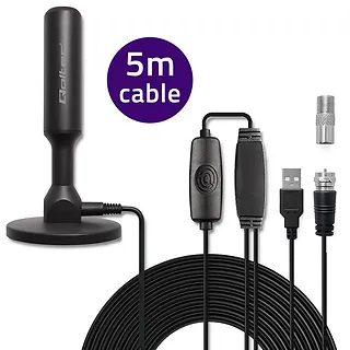 Qoltec Wewnętrzna Antena TV DVB-T2 ze wzmacniaczem sygnału i magnetyczną podstawą | 4K | 28dBi | 5m