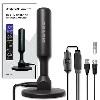 Qoltec Wewnętrzna Antena TV DVB-T2 ze wzmacniaczem sygnału i magnetyczną podstawą | 4K | 28dBi | 5m