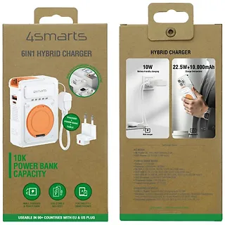 4smarts Ładowarka 6w1 Powerbank 10000mAh 22,5W Qi indukcyjne USB-C +     USB-A + kabel USB-C Biała