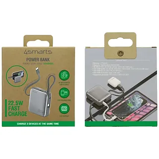 4smarts Powerbank Pocket Dual Cord 10000mAh 22,5W z wbudowanym kablem USB-C 15cm Szary