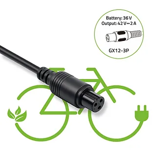 Qoltec Ładowarka do roweru elektrycznego 36V | 42V | 2A | GX12-3Pin + kabel zasilający
