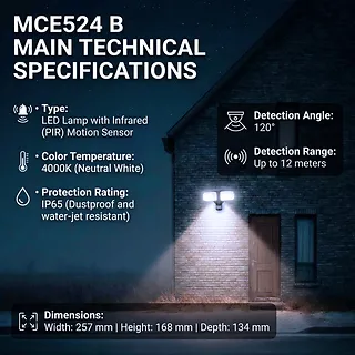 Maclean Ścienna lampa LED, czujnik PIR MCE524B 20W, 1500lm, IP65. neutral white 4000K, czarna