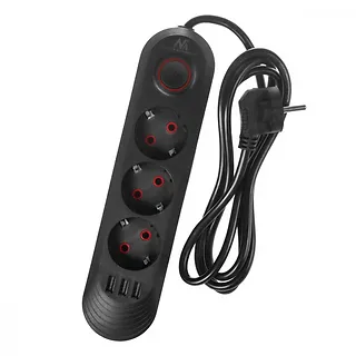 Maclean Listwa zasilająca MCE394 B, 1,5m|3 gniazda + 3xUSB. 110-240V AC 50/60Hz, 2.1A max 2500W, czarna