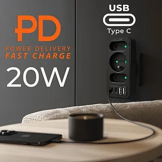 Maclean Rozdzielacz na 3 gniazdka MCE248 F/B 2xUSB-A 2xUSB-C czarny