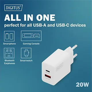 Digitus Ładowarka sieciowa/zasilacz USB 20W, 1x USB-C, 1x USB-A, biała