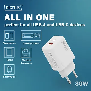 Digitus Ładowarka sieciowa/zasilacz USB GaN 30W, 1x USB-C, 1x USB-A, biała