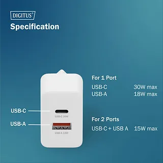 Digitus Ładowarka sieciowa/zasilacz USB GaN 30W, 1x USB-C, 1x USB-A, biała
