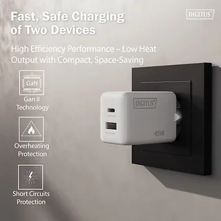 Digitus Ładowarka sieciowa/zasilacz USB GaN 45W, 1x USB-C, 1x USB-A, biała